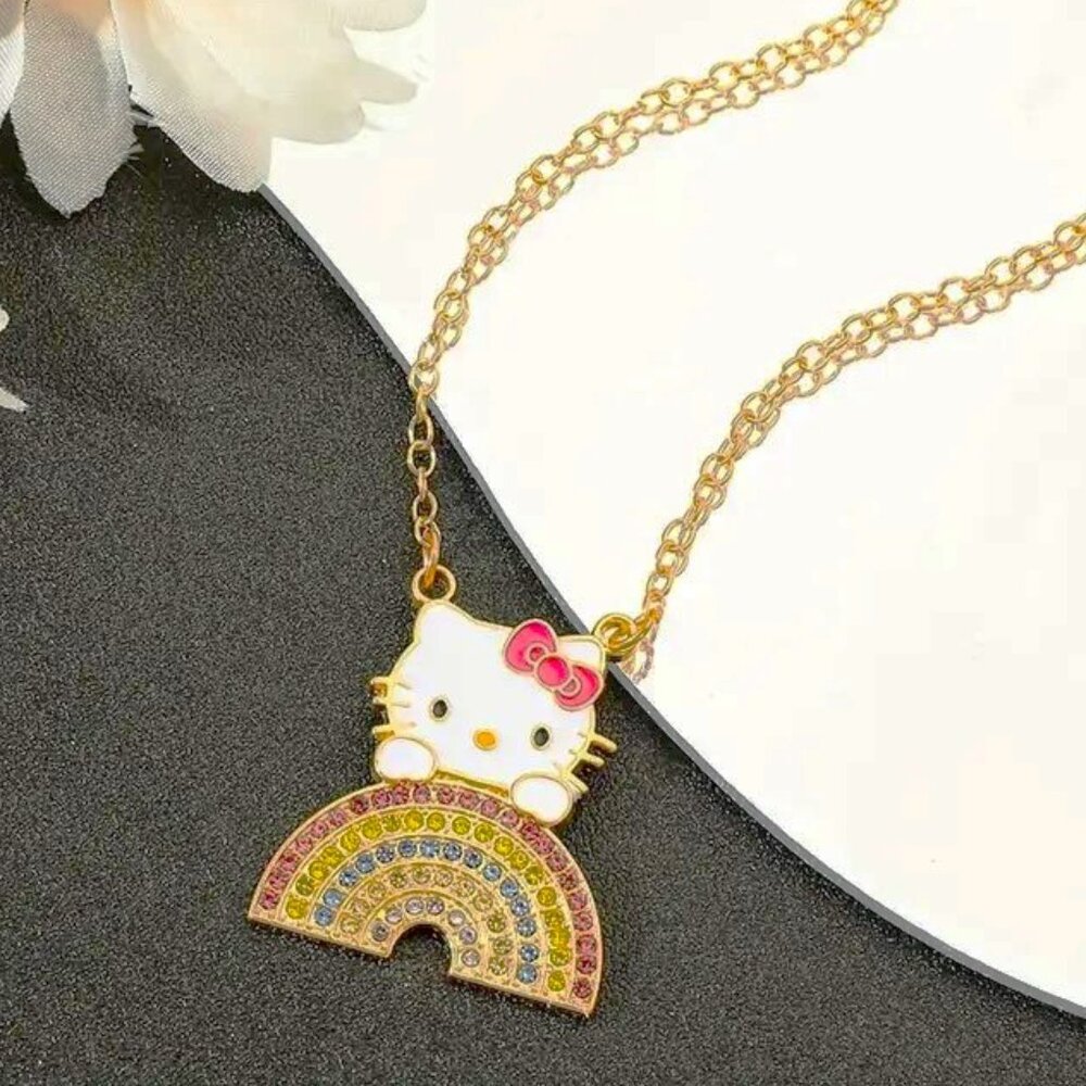 Hello Kitty Necklace Rhinestones Rainbow Pendant Gold Sanrio Rave Goth Emo Scene